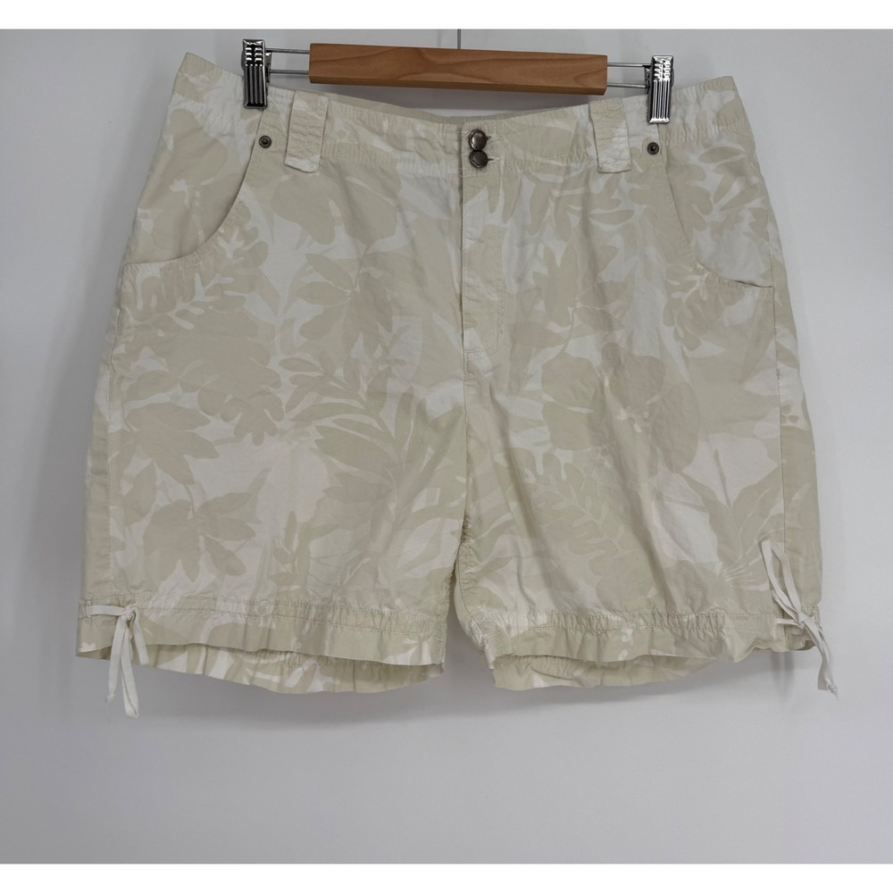 Caribbean Joe Womens Beige White Tropical Floral Cotton Cargo Shorts Sz 14